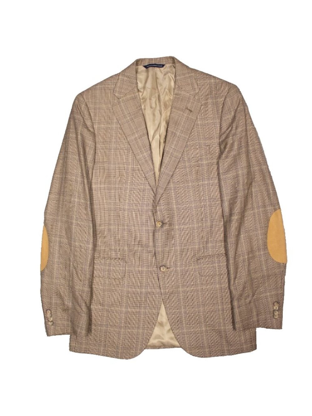 Coppley Blazer Wool Silk Sport Coat Glen Check Suede Elbow Patches Beige 40L